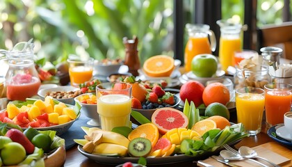 Wall Mural - Colorful and Nutritious Breakfast Spread with Fresh Fruits and Juices