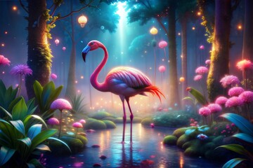 Poster - Flamingo in enchanted forest with flowing stream