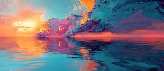 Surreal digital artwork featuring vibrant turquoise brush strokes on canvas with futuristic water reflections and orange and magenta highlights