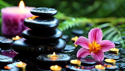 Wall Mural - Tranquil spa setting featuring stacked black massage stones, aromatic candles, and a serene meditation ambiance