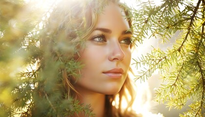 Mystical tranquility of a womans face hidden among leaves with sunlight filtering through her hair