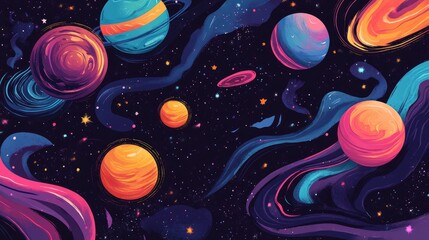 Colorful 2d illustration featuring abstract planets and stars on a dark backdrop Playful psychedelic design suitable for notebook covers posters and t shirt prints