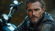 © Just1 - Brutal tattooed biker man in leather clothes and black motorcycle. High detail. Professional portrait shot