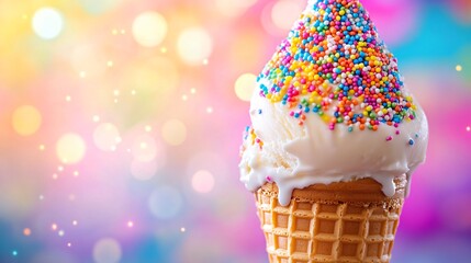 Wall Mural - A close-up of a melting vanilla ice cream cone with rainbow sprinkles against a colorful bokeh background.