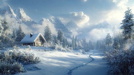 Canvas Print - Snowy Mountain Cabin: A Winter Wonderland Escape