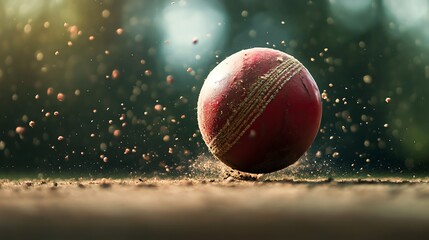 Poster - A red cricket ball bounces on a dirt field.