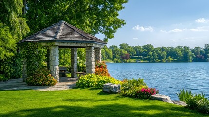 Wall Mural - lakeside scene with serene water reflections and a stone gazebo, set in a lush green landscape with 