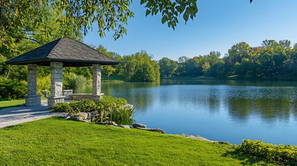 Wall Mural - lakeside scene with serene water reflections and a stone gazebo, set in a lush green landscape with 