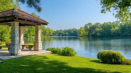 Wall Mural - lakeside scene with serene water reflections and a stone gazebo, set in a lush green landscape with 