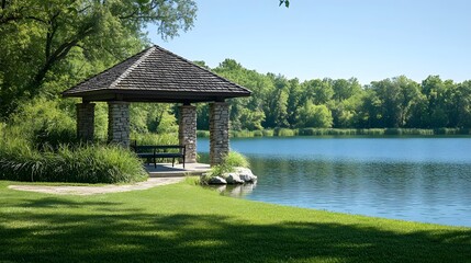 Wall Mural - lakeside scene with serene water reflections and a stone gazebo, set in a lush green landscape with 