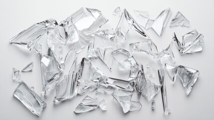 Fragmented glass pieces in various shapes and sizes, spread on a white background