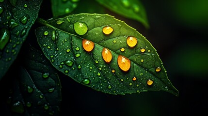 Dewdrops on a Leaf: A close-up of a single green leaf adorned with glistening dewdrops, capturing the beauty of nature's intricate details.  The soft light illuminates the droplets.