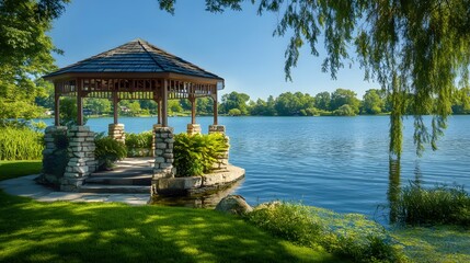 Wall Mural - lakeside scene with serene water reflections and a stone gazebo, set in a lush green landscape with 