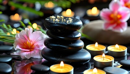 Wall Mural - Tranquil spa setting featuring stacked black massage stones, aromatic candles, and a serene meditation ambiance