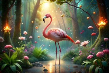 Poster - Pink flamingo in enchanted forest with glowing flowers and lights