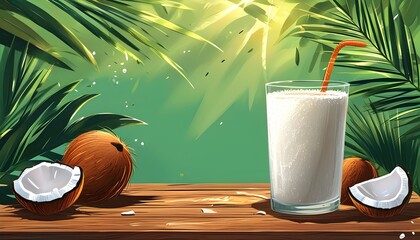 Wall Mural - Tropical coconut drink and refreshing coconut juice illustration celebrating the arrival of summer season