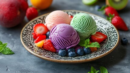 Wall Mural - A plate of colorful ice cream scoops with fresh fruit and blueberries.