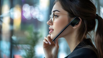 Wall Mural - Young Woman with Glasses and Earpiece Talking on the Phone