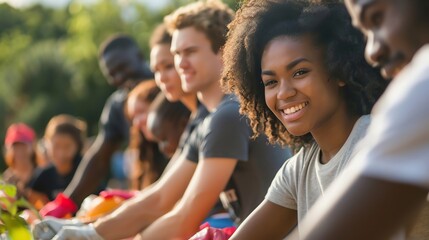 A group of diverse people volunteering outdoors, smiling at the camera.