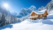 © horizon - Bright winter landscape with sunlit snow-covered chalet and evergreen forest, creating a picturesque ski resort scene with rustic wooden architecture and winter wonderland.