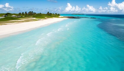 Breathtaking aerial panorama of a tropical beach showcasing turquoise waters, soft white sands, and lush palm trees