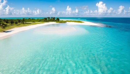 Breathtaking aerial panorama of a tropical beach showcasing turquoise waters, soft white sands, and lush palm trees