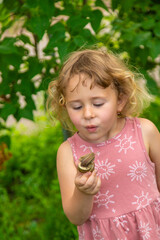 Poster - Child holding a snail on his hand. Selective focus.