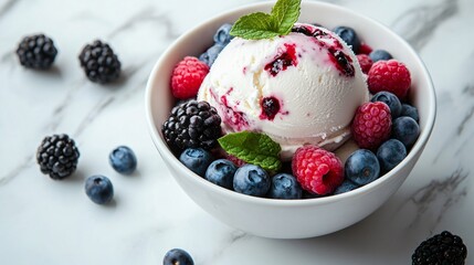 Sticker - A scoop of ice cream with a raspberry sauce topping, served with blueberries and raspberries in a bowl.