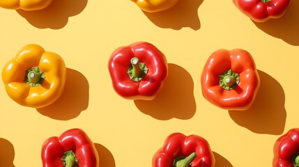 A pattern of red and yellow bell peppers on a yellow background.