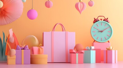 Colorful festive display with gifts, decorations, and a clock, perfect for celebrations and special occasions.