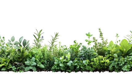 Diverse herbs and plants in a horizontal line, highlighting vibrant green foliage, various textures, and leaf shapes in a crisp, botanical illustration style on white background.