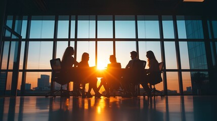 Wall Mural - Silhouettes of businesspeople meeting in a modern office during a sunset.