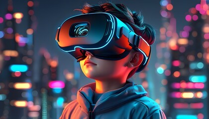 Boy immersed in futuristic VR experience, exploring the world of 3D technology and entertainment through advanced virtual reality glasses