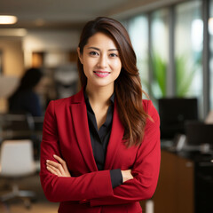 Confident Japanese businesswoman in red blazer at modern office