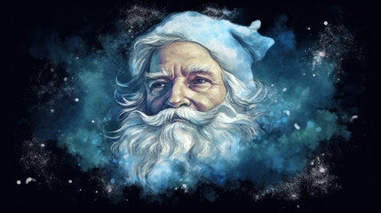 Watercolor of Santa Claus face on a dark cyan background