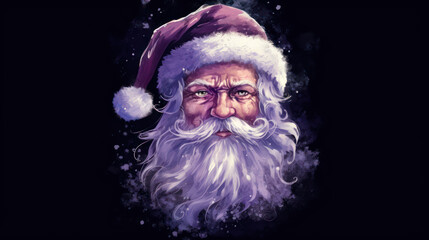 Watercolor of Santa Claus face on a dark purple background