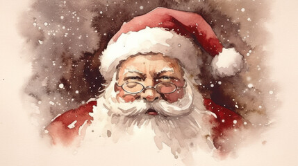 Watercolor of Santa Claus face on a light maroon background