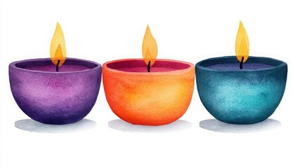 Colorful candles with flames, decorative elements for festivals and celebrations.