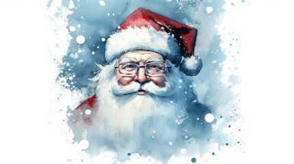 Watercolor of Santa Claus face on a light cyan background