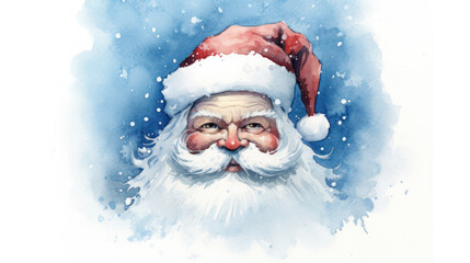 Watercolor of Santa Claus face on a light blue background