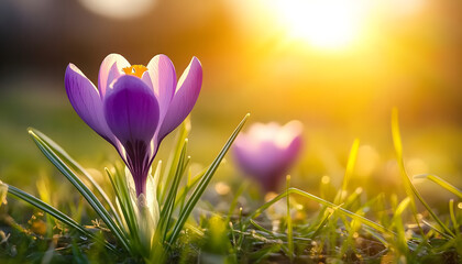 Wall Mural - closeup crocus blossom on grass background with sunlight