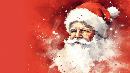 Watercolor of Santa Claus face on a vivid red background