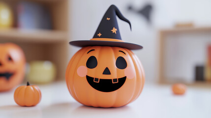 Wall Mural - cheerful 3d jack o lantern with cute round face and whimsical hat, perfect for halloween decorations