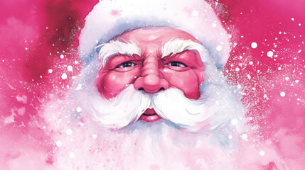 Wall Mural - Watercolor of Santa Claus face on a vivid pink background