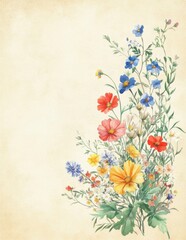 Wall Mural - Wildflower bouquet in bright colors on a vintage beige textured background

