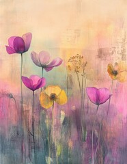 Wall Mural - Abstract watercolor poppies and wildflowers in soft pastel hues on textured background
