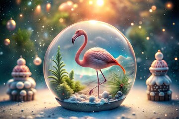 Canvas Print - flamingo inside snow globe with lush greenery and sparkling winter scene
