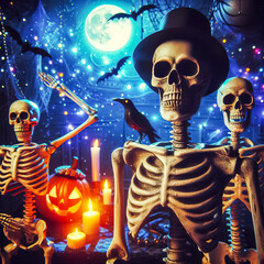 skeleton party festively dressed skeletons at a ball in honor of Halloween celebration, festive paraphernalia, horrible creature, moonlight, pumpkin face, candles and fireworks Halloween time