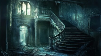 Wall Mural - A Dark and Dusty Staircase Leading Upwards in a Haunted Mansion