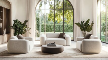 Wall Mural - A modern living room with a white sofa, two armchairs, and a round coffee table.